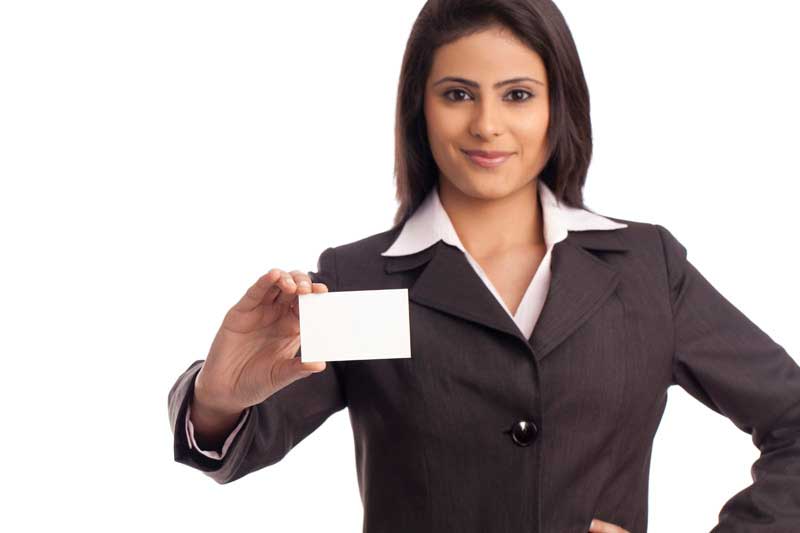 young business woman showing blank visiting card for copy space