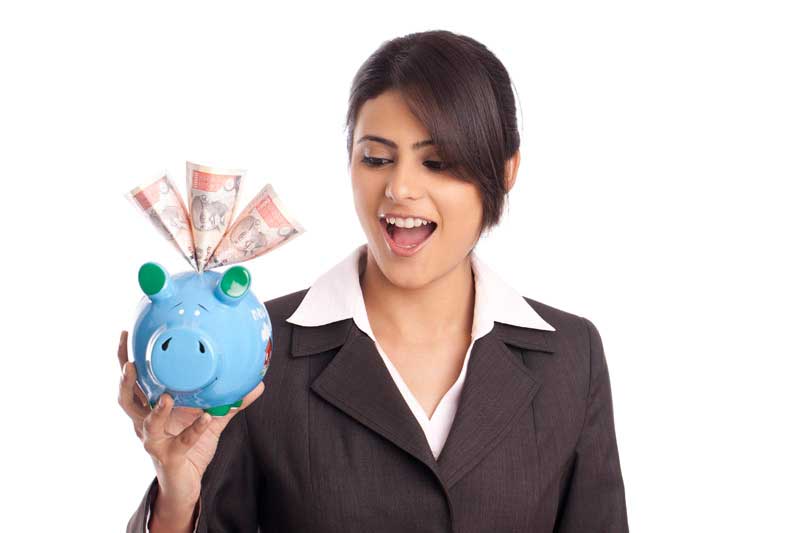 businesswoman with piggy bank and cash