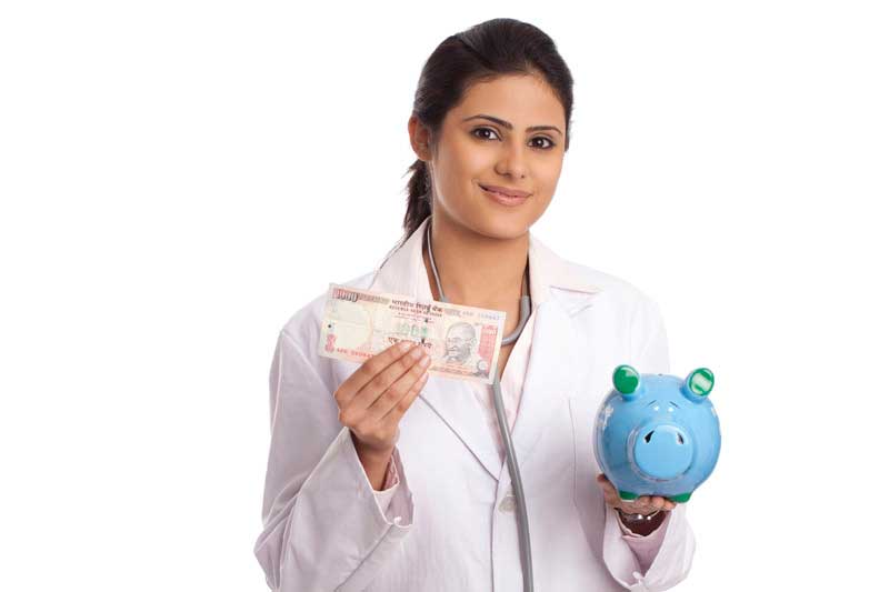 a lady doctor holding a piggy bank and a 1000 rupee note 
