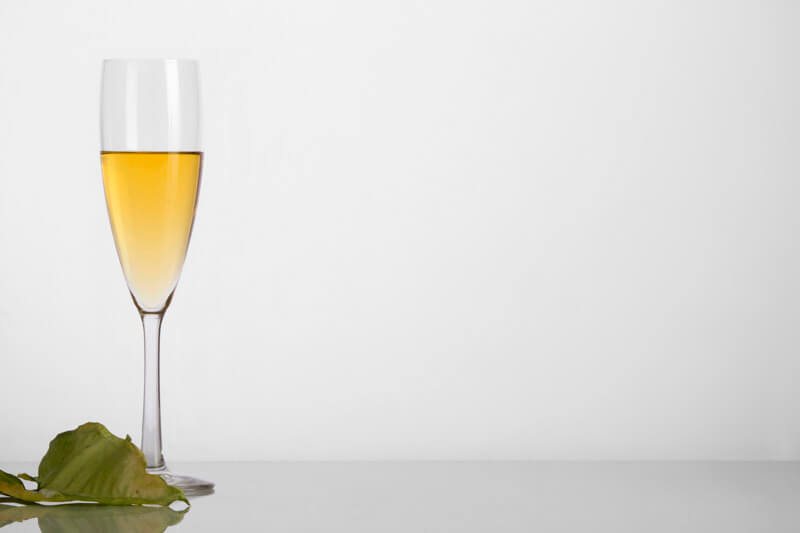 champagne glass with white background and leaf