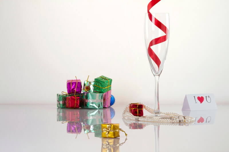 gift boxes with a champagne flute glass 