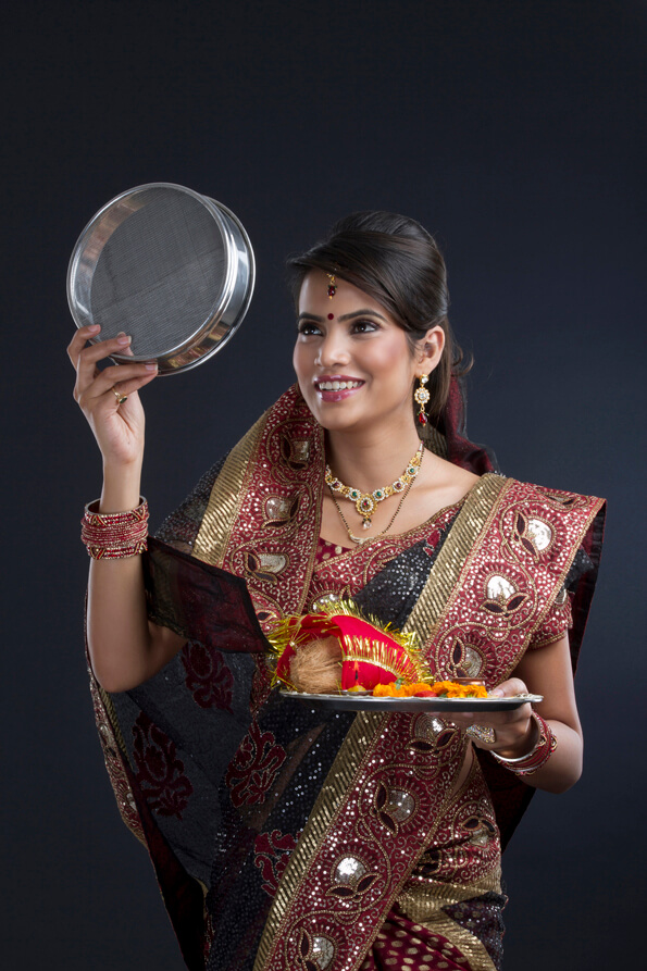 Indian woman doing karva chauth