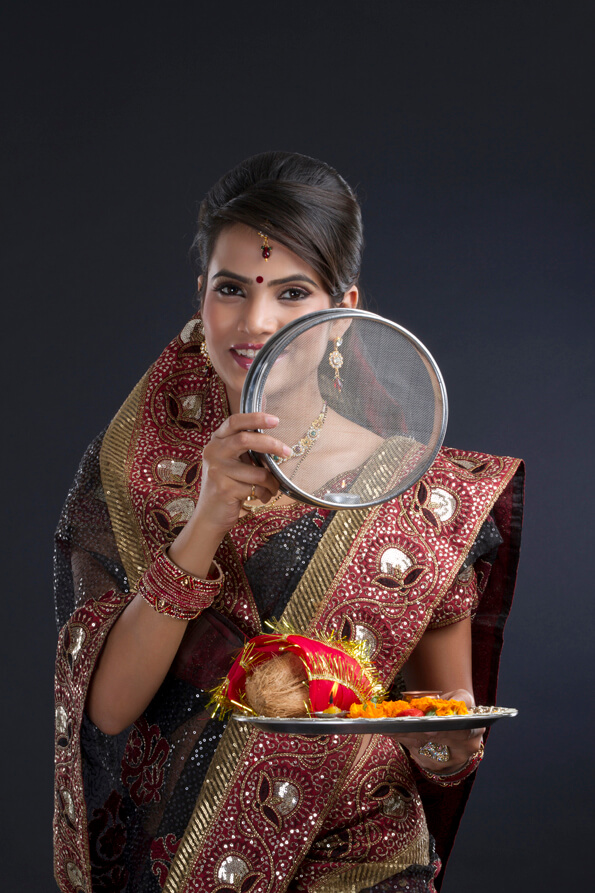 Traditional Indian woman performing karva chauth