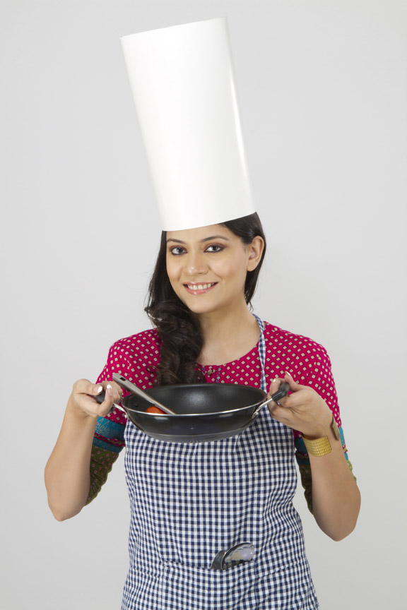 woman with cooking pan