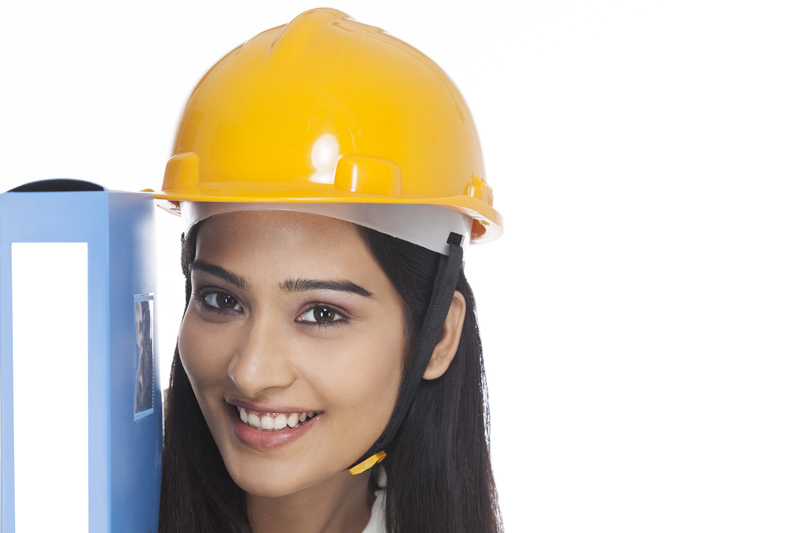 close up of a girl wearing hardhat