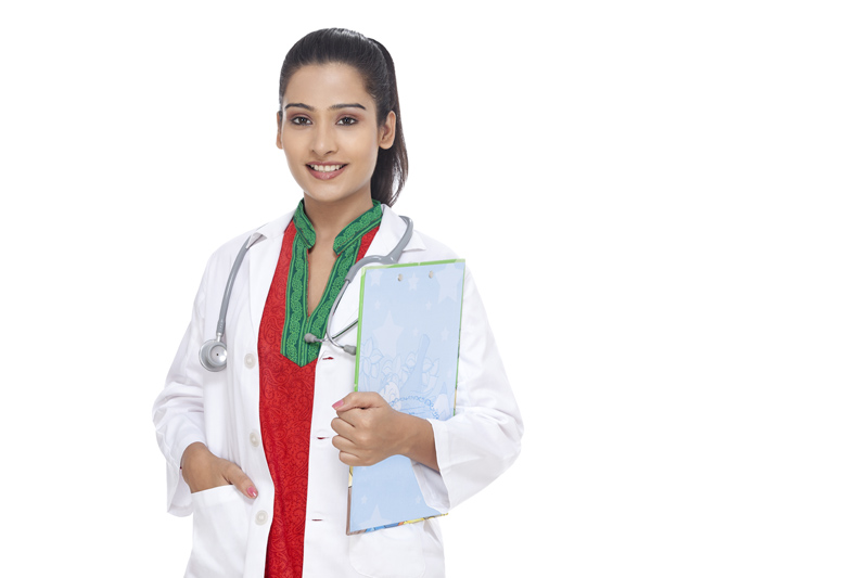 doctor posing with stethoscope and  cardboard