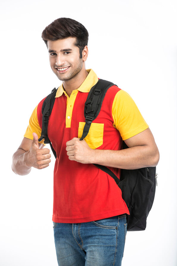 college boy showing thumbs up while holding a bag strap