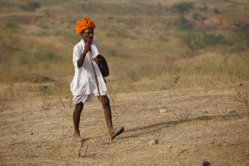 villager walking with a stick in the field 