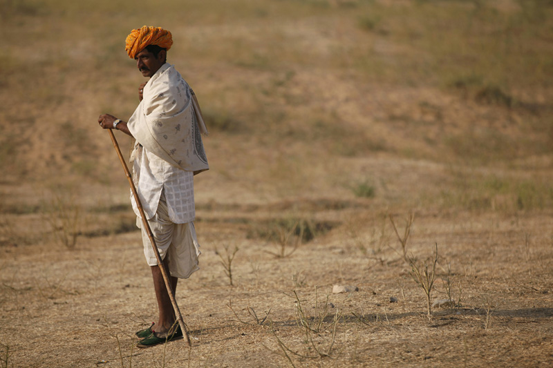 rural man walking in the field with a stick 