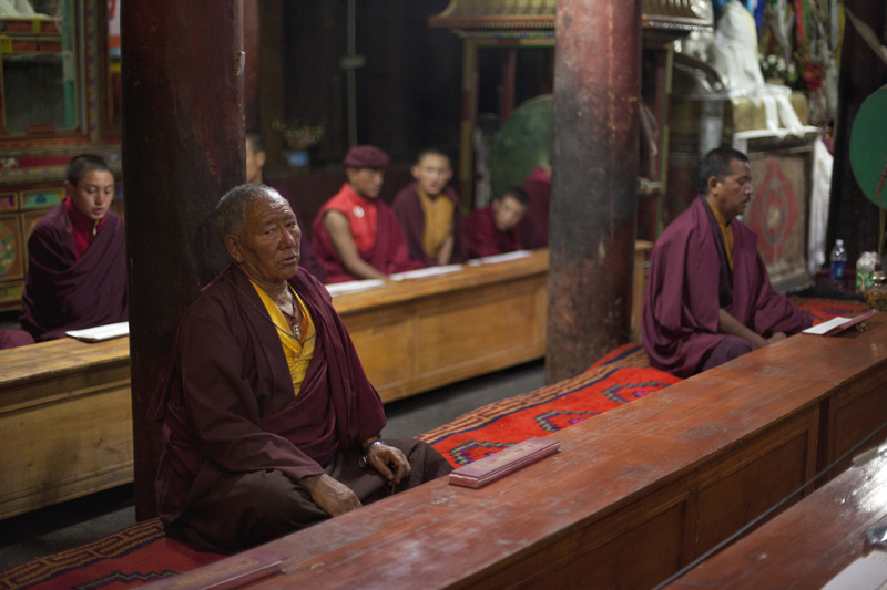 buddhist monks during prayer meeting 