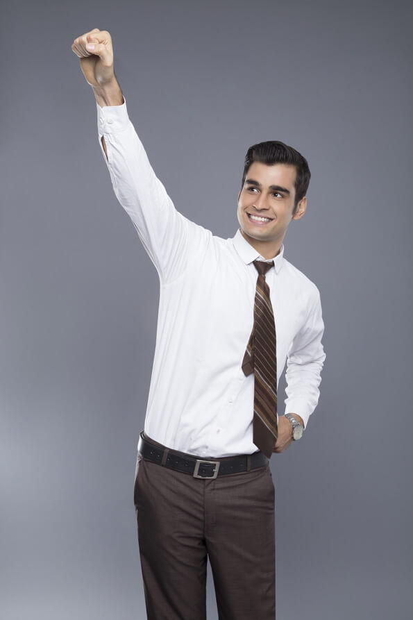 man pointing fist in air 
