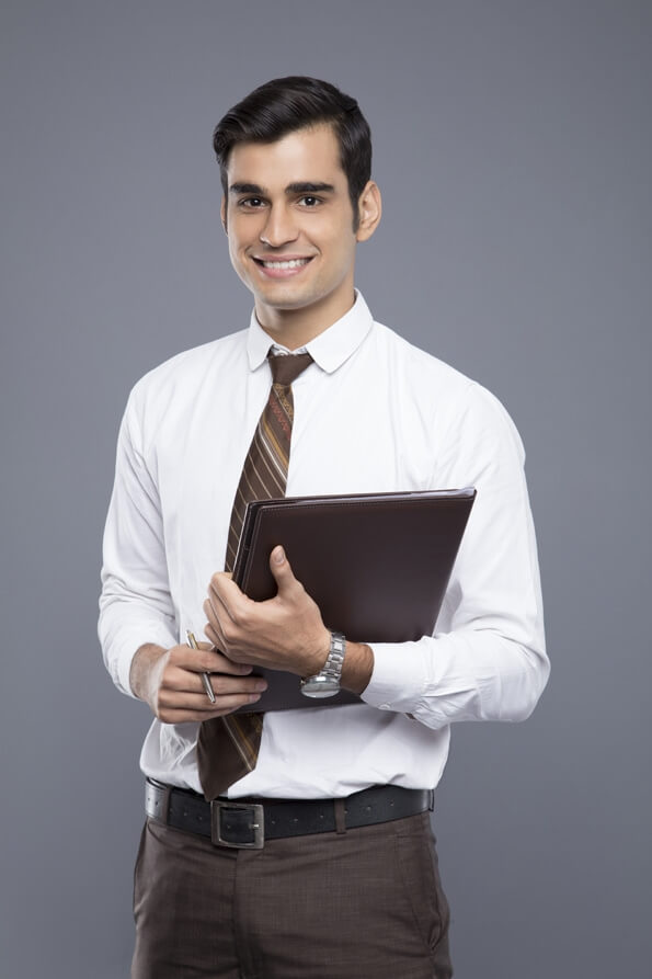 formally dressed man with a file