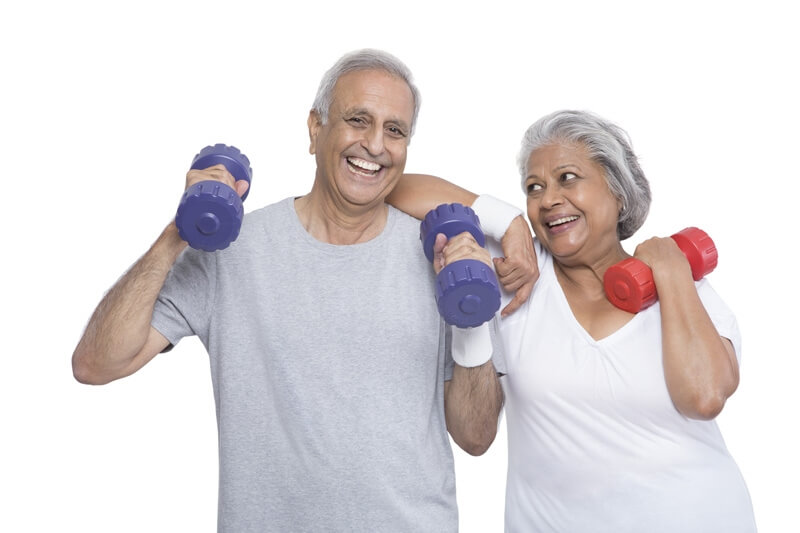 old couple with dumbbells