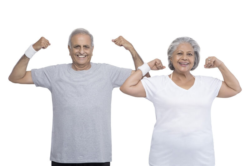 old couple showing muscles