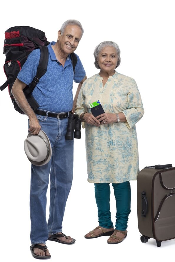 old couple travelling with backpack and luggage 