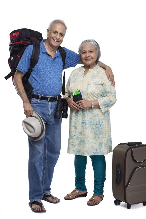 old couple travelling with backpack and luggage 