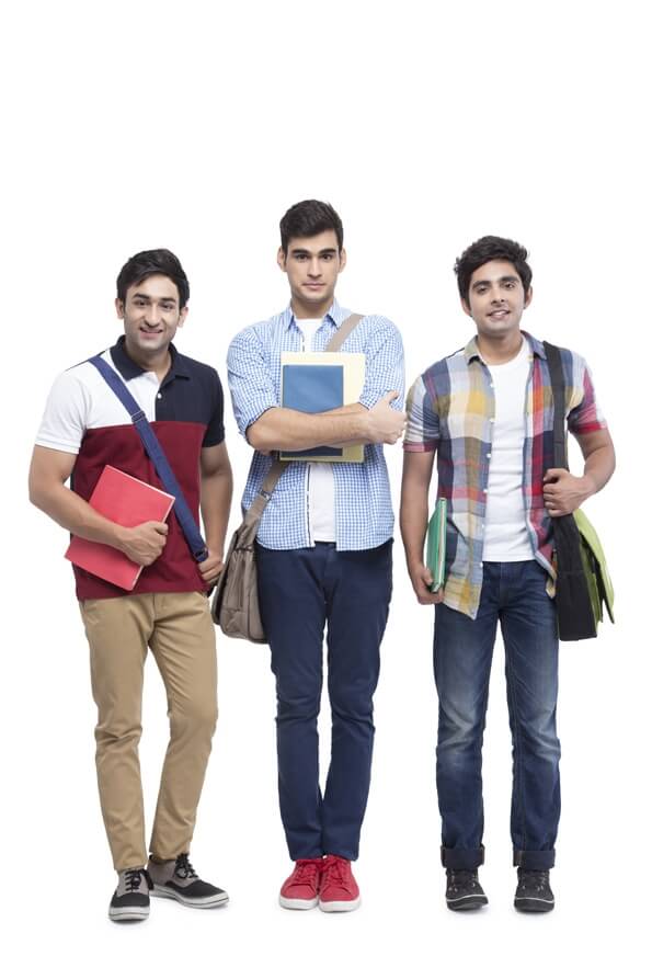 three college friends posing with assignments