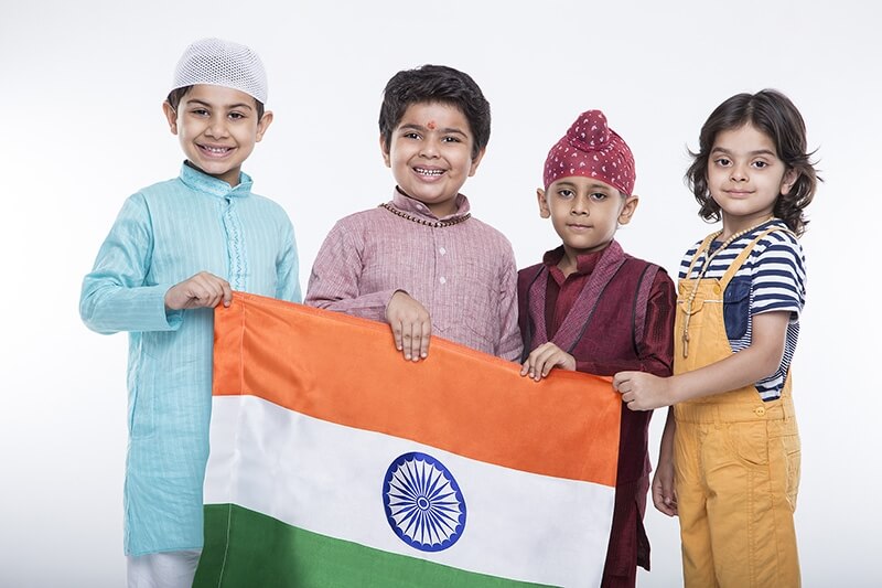 kids from different religions with national flag