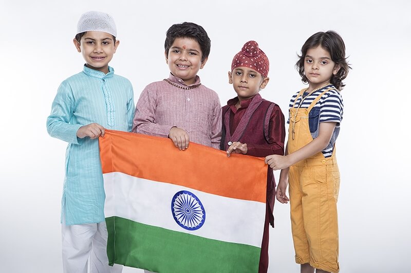 kids from different religions with national flag