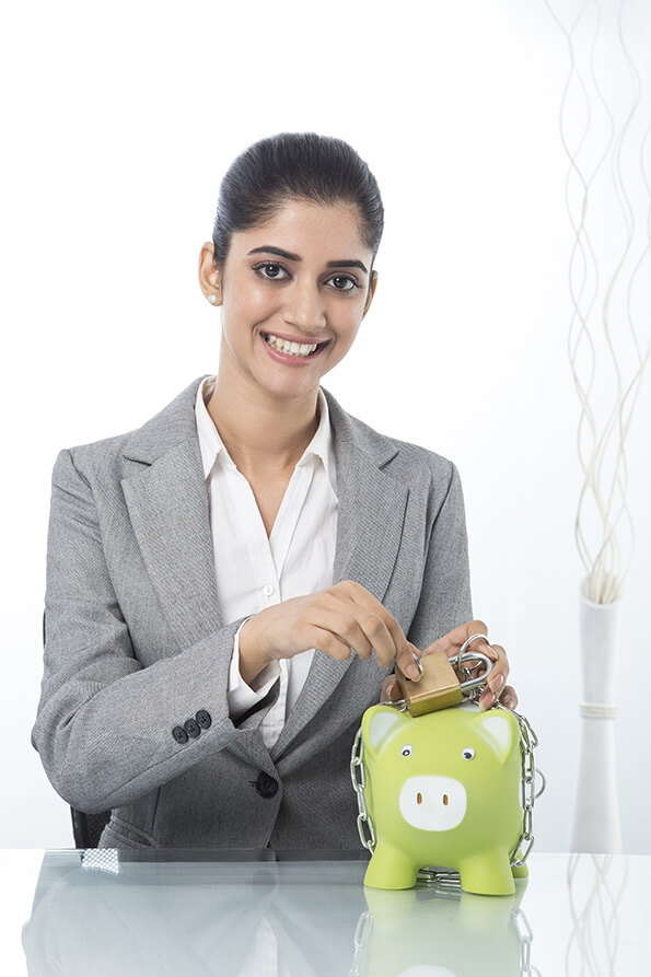 woman in formals with piggy bank 